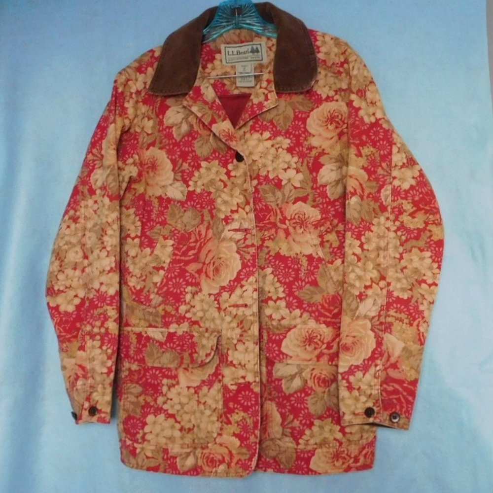 LL Bean Women's vintage floral jacket M  Lined Canvas Barn Coat Denim style EUC